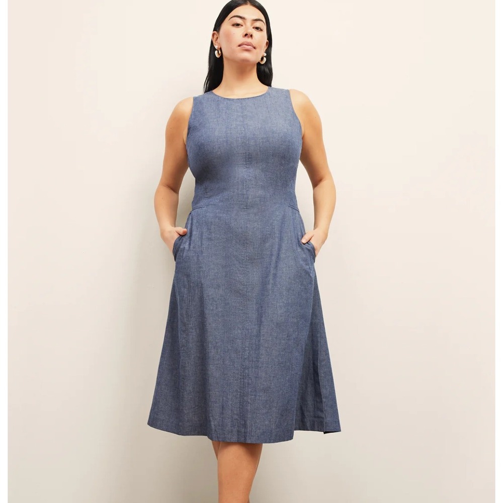 M.M.LaFleur Estela A-Line Dress Blue Chambray Cotton Sleeveless Midi Pockets 16